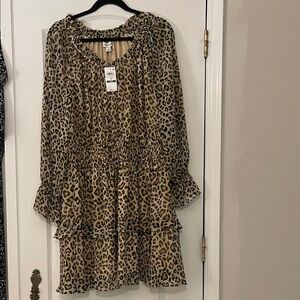 Leopard Print On 34th Long Sleeve Dress ruffle hem and sleeve. Size 1X NWT